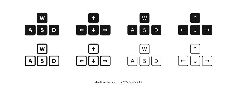 Arrow direction icon. wasd symbol. Key left, right, up, and down signs. Computer button symbols. Direction w, a, s, d icons. Black color. Vector isolated sign.