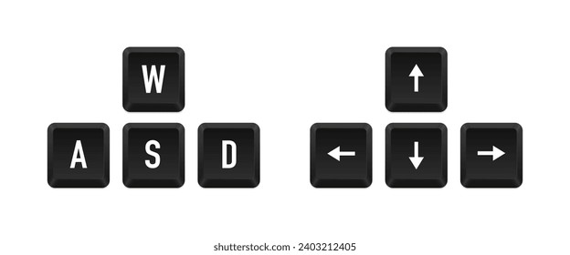 Arrow direction icon. Wasd symbol. Key left, right, up, and down signs. Computer button symbols. Direction w, a, s, d icons. Black color. Hotkeys combination. Vector illustration