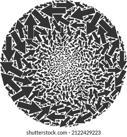 Arrow direction icons are arranged into round collection. Arrow direction icon bubble collage. Abstraction round bubble mosaic is combined with arrow direction items.