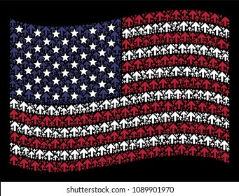 Arrow direction icons are combined into waving USA flag stylization on a dark background. Vector composition of America state flag is designed of arrow direction elements.