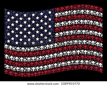 Arrow direction icons are combined into waving USA flag stylization on a dark background. Vector composition of America state flag is designed of arrow direction elements.