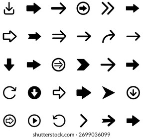 Arrow direction icons set showing left, right, up, down, curved and circular arrows in solid and outline styles for navigation use.