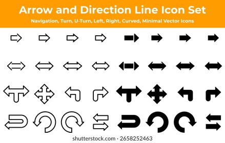 Conjunto de iconos de flecha y línea de dirección. Navegación, giro, giro en U, izquierda, derecha, curva, iconos vectoriales mínimos