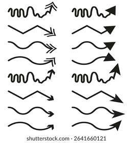 Arrow direction mix. Vector curved signs. Squiggly arrow icons. Wavy line movement.