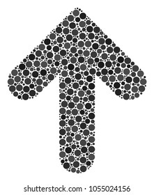 Arrow Direction mosaic of filled circles in variable sizes and color tinges. Circle elements are united into arrow direction vector composition. Vector design concept.