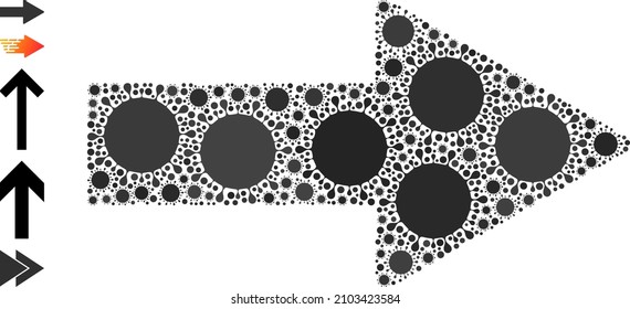 Arrow direction mosaic icon. Vector mosaic constructed from scattered bacterium parts. Infection mosaic arrow direction icon and bonus icons. Arrow direction mosaic for breakout templates.