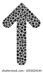 Arrow Direction mosaic of round dots in variable sizes and color tinges. Filled circles are organized into arrow direction vector composition. Vector illustration.