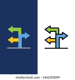 Arrow, Direction, Navigation  Icons. Flat and Line Filled Icon Set Vector Blue Background
