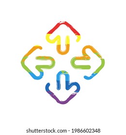 Arrow, direction or pointer, simple icon. Drawing sign with LGBT style, seven colors of rainbow (red, orange, yellow, green, blue, indigo, violet