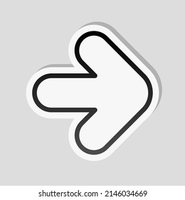 Arrow, direction or pointer, simple icon. Linear sticker, white border and simple shadow on gray background
