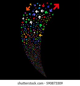 Arrow Direction random fireworks stream. Vector illustration style is flat bright multicolored iconic symbols on a black background. Object fountain made from scattered pictograms.