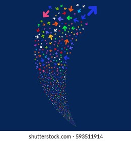 Arrow Direction random fireworks stream. Vector illustration style is flat bright multicolored iconic symbols on a blue background. Object fountain done from scattered design elements.
