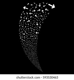 Arrow Direction random fireworks stream. Vector illustration style is flat white iconic symbols on a black background. Object fountain constructed from scattered pictographs.