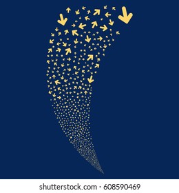 Arrow Direction random fireworks stream. Vector illustration style is flat yellow iconic symbols on a blue background. Object fountain combined from scattered design elements.