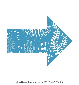 arrow direction to the right symbol with seaweed image and bubble water