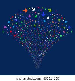 Arrow Direction salute stream. Vector illustration style is flat bright multicolored iconic symbols on a blue background. Object fireworks fountain organized from random design elements.