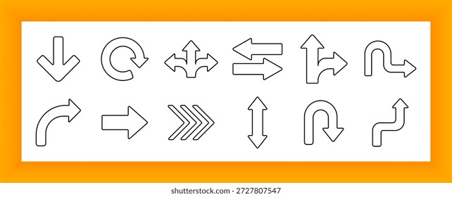 Icono de conjunto de dirección de flecha. Flechas en múltiples Orientaciones que muestran movimiento recto, girar, curvar, dividir, girar, girar en U, subir, bajar y Horizontal utilizado en imágenes de navegación y flujo.