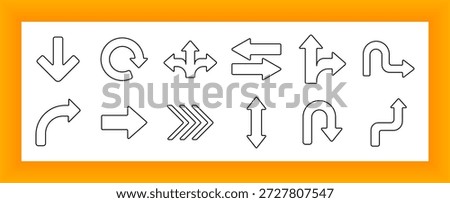 Arrow direction set icon. Arrows in multiple orientations showing straight, turn, curve, split, rotate, U-turn, up, down, and horizontal motion used in navigation and flow visuals.