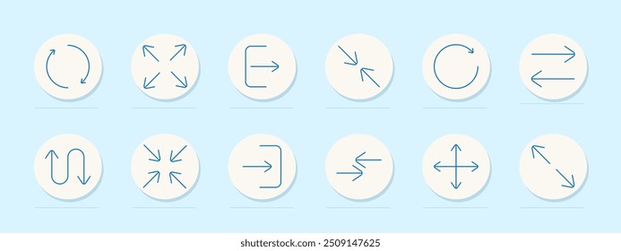 Symbol für Pfeilrichtungssatz. Kreisförmig, erweitern, verlassen, nach innen, drehen, übertragen, rückwärts, schrumpfen, nach außen, horizontal, vertikal, diagonal, Bewegung, Navigation, Zeiger, Steuerung.