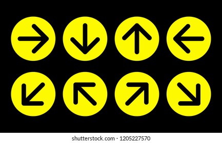 arrow direction sign set, yellow circles on black background