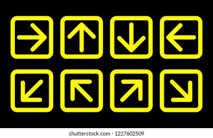 arrow direction sign set, yellow thin line squares on black background