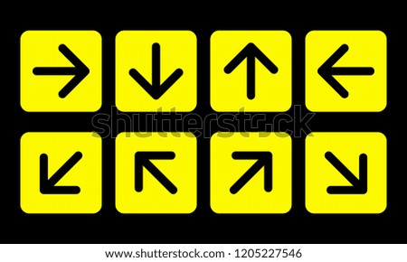 arrow direction sign set, yellow squares on black background