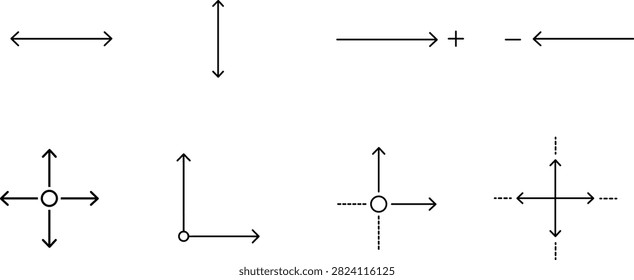 Arrow and direction symbol icon set with black line navigation elements for user interface design