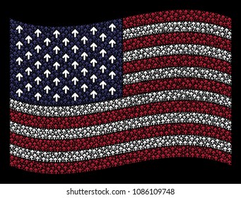 Arrow direction symbols are combined into waving American flag stylization on a dark background. Vector collage of American state flag is composed from arrow direction items.