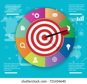 The arrow is directly on the target. Infographics on a blue background with a world map. Vector illustration of a flat style
