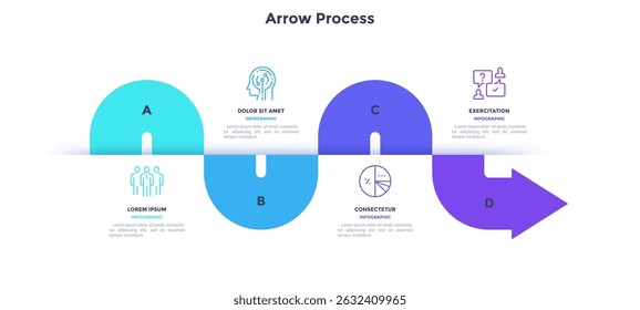 Arrow divided into four elements and placed in horizontal row and connected by arrows. Concept of 4 successive stages of business career development. Modern flat vector illustration