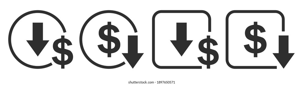 Arrow dollar euro icon set. Сost reduction and growth business icons. Up and down arrow symbol, sign. Vector illustration.