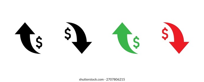 Arrow with dollar icon. Curved up and down arrows for money growth and decline vector illustration. Finance rate changes, profit and loss trends, economic currency movement and market analysis sign.