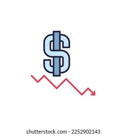 Arrow and Dollar sign vector Recession and Devaluation concept colored icon or symbol