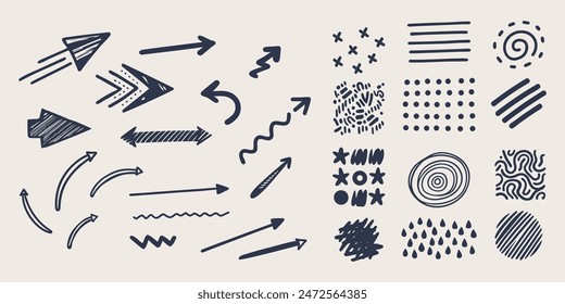 Arrow doodle. Abstract line pencil isolated elements. Various Doodle Sketch Arrows, Shape Direction Pointers and Objects. brush curve icon, spiral hand texture, cartoon twist, grunge sketch