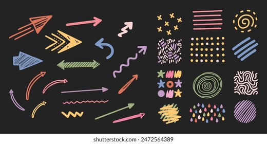 Arrow doodle. Abstract line pencil isolated elements. Various Doodle Sketch Arrows, Shape Direction Pointers and Objects. brush curve icon, spiral hand texture, cartoon twist, grunge sketch