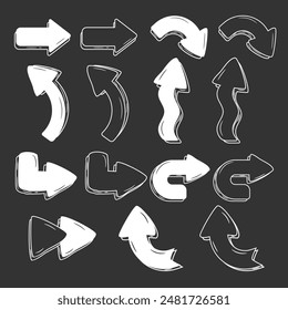 Flecha garabato dibujado a mano colección. Ilustración vectorial de conjunto de iconos de dirección. Pincel, dirección de marcador, puntero, camino, guía