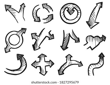 Doodle de flecha. El conjunto de flechas dibujadas a mano indica una forma y dirección diferentes. Esbozo creativo de doodle aislado en fondo blanco. Indicador de cursor recto o de marcador curvo vectorial, redondo