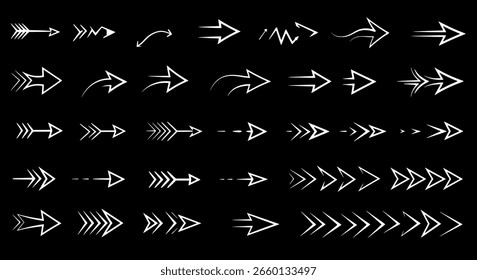 Arrow doodle set on a black background, with various hand-drawn pointers. A collection of sketch graphics for infographics or presentations.