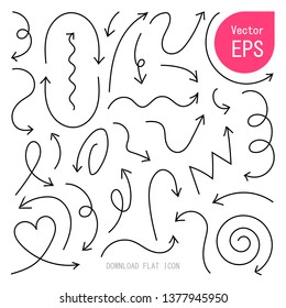 Arrow Doodle Vector Illustration EPS10, Sketch Style. Collection of Curved and Lines Arrows, Hand Drawing. Set of Black Different Direction Arrows Hand Drawn on White Color Background for Design & Web