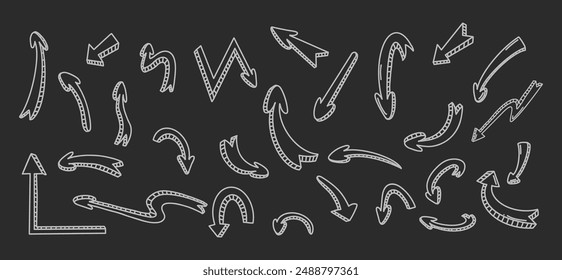 Arrow doodles with pseudo 3d white line vector icons bundle in negative space. Navigation symbols hand drawn illustration set black and white