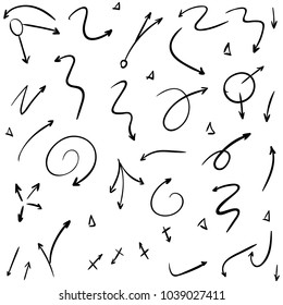 Arrow doodles vector. A set of simple sketches of arrows. Up, down, left, right ones. The effect of a pencil sketch isolated on white background.. Vector eps 10.