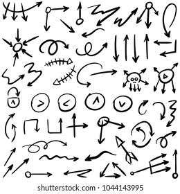 Arrow doodles vector. A set of simple sketches of arrows. Up, down, left, right ones. The effect of a pencil sketch isolated on white background.. Vector eps 10.