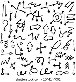 Arrow doodles vector. A set of simple sketches of arrows. Up, down, left, right ones. The effect of a pencil sketch isolated on white background.. Vector eps 10.