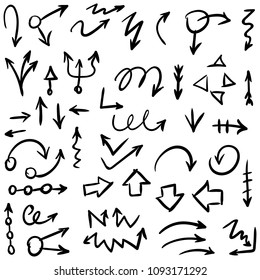 Arrow doodles vector. A set of simple sketches of arrows. Up, down, left, right ones. The effect of a pencil sketch isolated on white background. Vector eps 10.