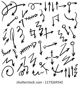 Arrow doodles vector. A set of simple sketches of arrows. Up, down, left, right ones. The effect of a pencil sketch isolated on white background.. Vector eps 10.