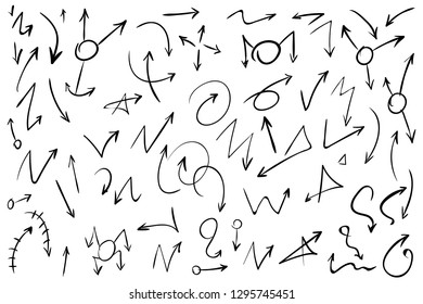 Arrow doodles vector. A set of simple sketches of arrows. Up, down, left, right ones. The effect of a pencil sketch isolated on white background. Vector eps 10.