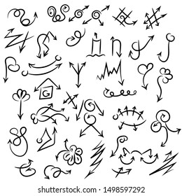 Arrow doodles vector. A set of simple sketches of arrows. Up, down, left, right ones. The effect of a pencil sketch isolated on white background. Vector eps 10.