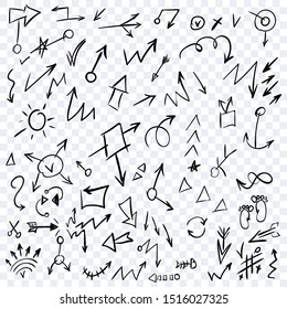 Arrow doodles vector. A set of simple sketches of arrows. Up, down, left, right ones. The effect of a pencil sketch isolated on transparent background. Vector eps 10.