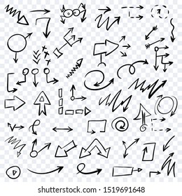Arrow doodles vector. A set of simple sketches of arrows. Up, down, left, right ones. The effect of a pencil sketch isolated on transparent background. Vector eps 10.