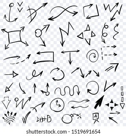 Arrow doodles vector. A set of simple sketches of arrows. Up, down, left, right ones. The effect of a pencil sketch isolated on transparent background. Vector eps 10.